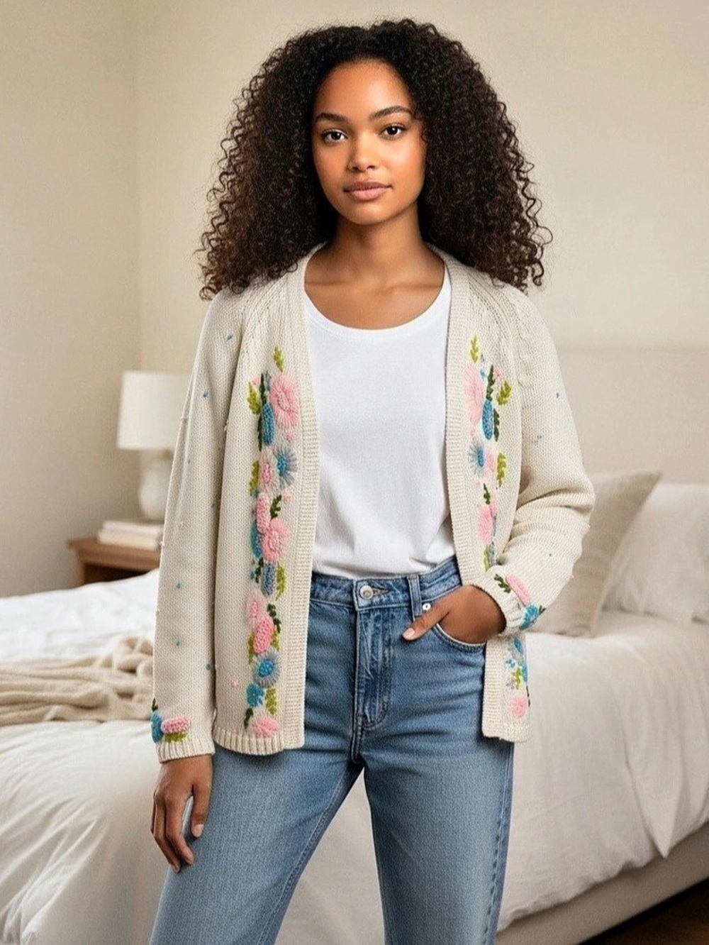 Vtg 60’s Granny Floral Embroidered Cardigan in Cream & Pink L